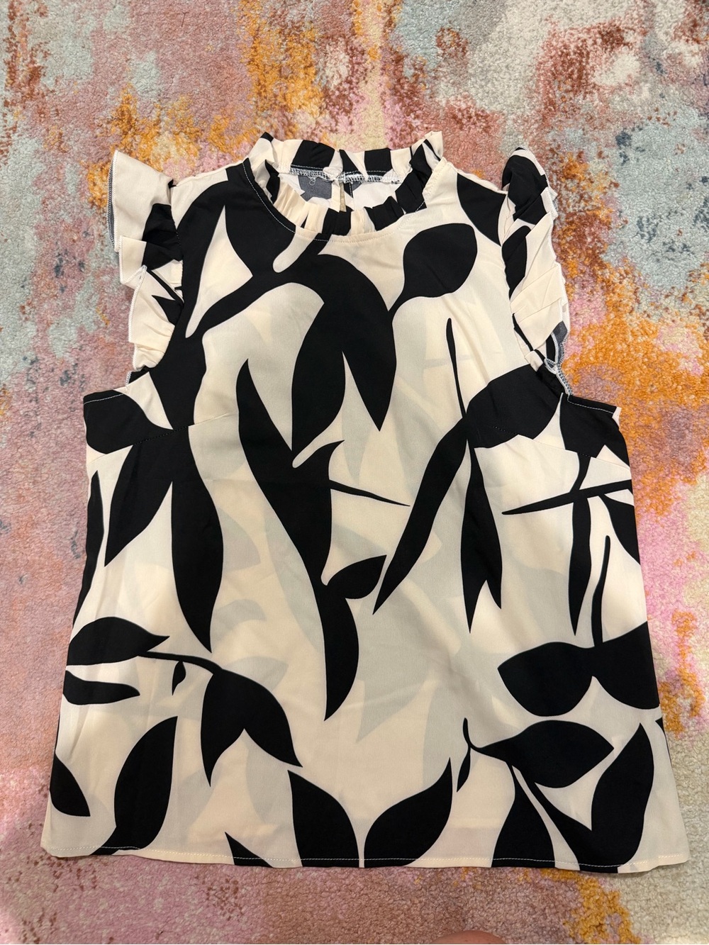 Sleeveless Ruffled Neck Black & Cream Leaf Print Top